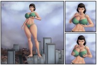 breasts drawing giantess panties city mega comic black_hair color blue_eyes handheld barefoot cleavage bra buildings huge_breasts breast_crush falling thighs dropped crowds transformers bare_legs cupping_breasts bare_midriff svenyatta june_darby