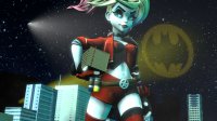 breasts giantess city mega blonde blue_eyes buildings helicopter gloves harley_quinn twintails shorts collar night jacket costume top belt stars white_skin thief spotlight digital_render dc_comics bare_legs bat_signal bank bare_midriff stealing bank_robbery thegigaartist heist bank_heist