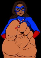 breasts drawing giantess blonde color toes barefoot brunette brown_eyes gloves shrunken_woman trapped mask between_toes dark_skin costume cape goggles power_girl no_background looking_at_tiny dc_comics smug cmwaters guirey atomica