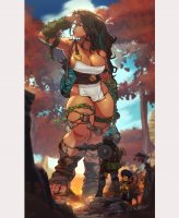 breasts drawing giantess mega color large_breasts long_hair armor blue_eyes sword fantasy toes cleavage brunette knight ponytail dress sandals muscles forest hat trees belt map backpack shield helmet thick_thighs gauntlet looking_off_in_the_distance halberd orc_barbies
