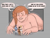 breasts drawing giantess nude horns blonde color fantasy cleavage bra brunette brown_eyes smiling dress lying_down bbw shorts dark_skin freckles braid top dialogue no_background sunny-d-lite looking_at_tinies blues_skin