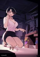 breasts drawing blonde black_hair color large_breasts blue_eyes sword toes cleavage skirt high_heels short_hair shrunken_men kneeling office shrunken_man jumping shirt dialogue office_lady shield bare_legs cardboard zenougts thomasina larp