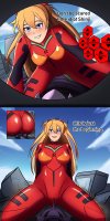 breasts drawing growth giantess city mega blonde comic color long_hair butt destruction blue_eyes buildings butt_crush domination red_hair neon_genesis_evangelion pinned thighs straddling hair_bow jumpsuit dialogue asuka_langley asuka_langley_soryu shinji_ikari mech charlydibu