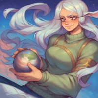 breasts giantess white_hair giga space long_hair planet handheld brown_eyes unknown_artist sweater necklace stars source_needed ai_art