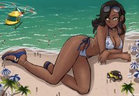 bikini breasts drawing giantess black_hair color large_breasts long_hair swimsuit beach toes cleavage water ocean helicopter glasses yellow_eyes smiling lying_down sandals sunglasses sand vehicles dark_skin palm_trees looking_at_viewer bracelet white_nails jeep videajames