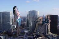 collage city destruction clothed high_heels buildings brunette unknown_artist sitting giantesses looking_at_viewer crushed_building