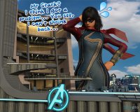 breasts giantess city mega black_hair buildings mask avengers dark_skin fist costume new_york_city bracelet dialogue hands_on_hips scarf digital_render ms_marvel marvel_comics kamala_khan avengers_tower sinepto1