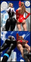 giantess city mega blonde comic long_hair butt buildings jeans brunette gloves giantesses reflection dark_skin michelle costume point_of_view leotard dialogue hands_on_hips hood thick_thighs digital_render gwen_stacy mary_jane bare_legs spider-man marvel_comics scarlet_witch spider-gwen michelle_jones anttiergod
