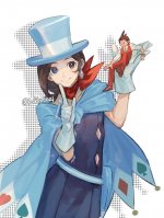 drawing giantess color blue_eyes handheld brunette gloves shrunken_man background cape earrings looking_at_viewer ace_attorney belt magician top_hat trucy_wright apollo_justice kakkotozi