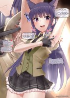 breasts drawing nude black_hair color long_hair blue_eyes skirt blue_hair cat_ears sweat domination gloves uniform tie shrunken_man shirt dialogue source_needed looking_at_tiny armpits bare_legs rakia cutaway