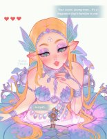 breasts drawing giantess mega blonde color long_hair blue_eyes cleavage bra water elf ponytail boots jewlery tattoo bracelet dialogue shield arrows looking_at_tiny pointed_ears
