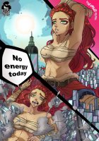 breasts drawing giantess giga city mega color long_hair destruction cleavage bra buildings green_eyes red_hair lying_down muscles shorts abs belt dialogue tired armpits makeshift_clothing bare_midriff giantesslaboratory
