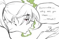 drawing giantess monochrome handheld red_eyes ponytail high smoke shrunken_person dialogue looking_at_tiny anon confused on_palm hollewdz stoner