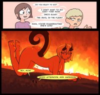 breasts drawing giantess nude horns tail mega blonde comic color butt barefoot brunette crawling fire demoness hell funny dialogue thick_thighs convenient_censorship looking_at_tinies kotamotaa