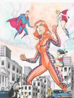 breasts drawing giantess city mega blonde black_hair color high_heels buildings giganta gloves street red_hair boots fighting mask vehicles batman fist costume superman wonder_woman cape belt leotard jumpsuit bracelet tiara power_girl dc_comics bare_legs batmobile danablackmagic