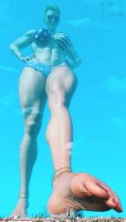 breasts giantess giga city blonde destruction toes barefoot cleavage bra buildings smiling short_hair foot_crush muscles shorts abs skyscraper sunglasses clouds red_nails ankle_bracelet point_of_view earrings bracelet hands_on_hips thick_thighs digital_render bare_legs flag_bra bare_midriff luther_little