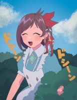 breasts drawing giantess mega color shoes brunette smiling dress tie forest pants cosplay clouds background jacket alice_in_wonderland closed_eyes hair_bow earrings ace_attorney white_rabbit on_shoulder rabbit_ears trucy_wright apollo_justice alice pocket_watch trfok1