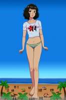 breasts drawing giantess mega black_hair color swimsuit beach barefoot water ocean palm_trees lifeguard whistle bare_legs bare_midriff persona_5 kawakami bigchipher66