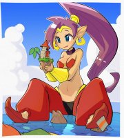 breasts drawing giantess mega color long_hair blue_eyes handheld cleavage bra water purple_hair shoes island ponytail sitting tower pants boats clouds genie choker palm_tree earrings bracelet cliff shantae pointed_ears bare_midriff