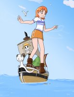 breasts drawing giantess mega color nami one_piece skirt water ocean brown_eyes boots unknown_artist ships cannon orange_hair source_needed bare_legs sail seagull nami_(one_piece)