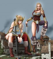 breasts drawing giantess vore mega blonde color long_hair armor destruction sword cleavage skirt green_eyes blood knights ponytail horse gore boots foot_crush warrior giantesses pants closed_eyes braid belt bracelet sitting_on_building spear shield viking looking_at_tiny bare_legs vikings spuski on_shoulder