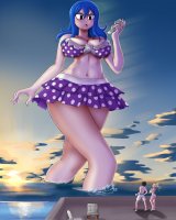 breasts drawing giantess mega blonde black_hair color swimsuit handheld cleavage water ocean blue_hair angry ponytail sunset ships bare_legs gtsleuth bare_midriff looking_at_tinies