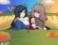 breasts drawing giantess mega black_hair color large_breasts long_hair butt bridge blue_eyes cleavage purple_hair breast_crush purple_eyes mountains giantesses dialogue canyon looking_at_tiny flower_in_hair between_breasts juhbuhyuh