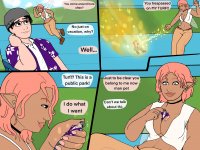 breasts drawing giantess insertion panties wings comic black_hair color handheld cleavage glasses shrinking fairy pink_hair shrunken_woman shrunken_man pants dark_skin shirt earrings dialogue looking_at_tiny between_breasts sweaterpupster