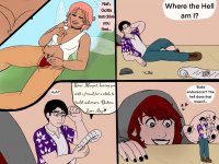 breasts drawing giantess insertion panties masturbation wings comic black_hair color sex cleavage glasses fairy pink_hair red_hair reaching shrunken_man pants dark_skin shirt earrings dialogue black_nails looking_at_tiny between_breasts sweaterpupster