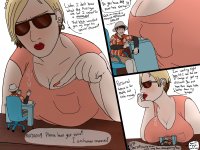 breasts drawing giantess blonde color cleavage angry breast_crush brunette table shrunken_man sunglasses chair hat red_nails earrings pointing dialogue no_background looking_at_tiny sweaterpupster