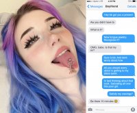 collage long_hair tongue green_eyes purple_hair blue_hair story phone shrunken_woman looking_at_viewer tongue_ring daveaccount