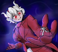 breasts drawing giantess white_hair horns black_hair color large_breasts handheld red_eyes gloves demoness shrunken_man suit pants jacket freckles earrings beelzebub helltaker iceoff4