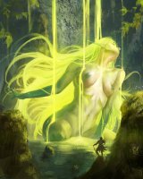 breasts drawing nipples giantess nude mega blonde color sword fantasy water green_hair nature green_skin pointed_ears blacksalander