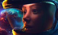 space green_eyes shrunken_person freckles astronaut stars looking_at_tiny digital_render space_suit allthesizepuns