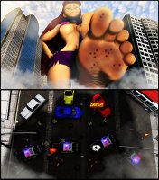breasts giantess city mega alien long_hair destruction barefoot rampage cleavage bra skirt buildings blood teen_titans street red_hair starfire foot_crush bus cruel vehicles point_of_view ripped_clothing dialogue hands_on_hips police_car imminent_crush digital_render dc_comics orange_skin bare_legs smug bare_midriff police_officer clubangelz