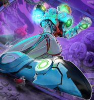 breasts drawing giantess alien color butt armor robot destruction samus_aran kneeling zero_suit shrunken_man hand_crush metroid point_of_view cape cannon helmet looking_at_tiny giantessgirlcomics raven_beak