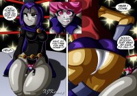 breasts drawing panties alien comic color long_hair skirt purple_hair pink_hair raven teen_titans red_hair starfire boots pink_eyes shrunken_woman thighs costume thigh_crush cape belt leotard dialogue imminent_butt_crush wrestling_ring xjkenny dc_comics orange_skin bare_legs grey_skin jinx