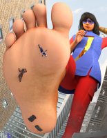 breasts giantess city mega black_hair butt armor barefoot buildings helicopter mask reflection dark_skin costume ant-man point_of_view bracelet vehicle_crush stuck_to_foot helmet digital_render ms_marvel marvel_comics hope_van_dyne kamala_khan the_wasp scott_lang tiz3d