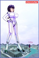 breasts drawing giantess city black_hair color destruction water high_heels buildings huge_breasts multiple_sizes brown_eyes red_hair boots suit giantesses river hana statue hair_bow leotard dialogue hands_on_hips saffireprowler minami micronauts nila