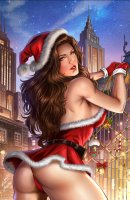 breasts drawing giantess city mega color long_hair butt skirt buildings brunette brown_eyes christmas gloves cosplay night thighs looking_at_viewer belt stars leaning_on_building santa_hat diana bare_legs bare_midriff mtolympuscomics santa_suit
