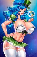 breasts drawing giantess earth giga space color long_hair blue_eyes cleavage skirt blue_hair huge_breasts stockings ponytail cosplay hat belt stars hands_on_hips blue_nails cosmic_giantess leprechaun_hat bare_midriff mtolympuscomics leprechaun larissa
