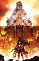 breasts drawing giantess nude city mega color large_breasts long_hair butt destruction sword buildings purple_hair brunette purple_eyes fire pants cosplay smoke jacket steam wall attack_on_titan looking_at_tiny convenient_censorship mtolympuscomics