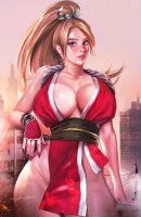 breasts drawing giantess city mega blonde color long_hair blue_eyes cleavage buildings gloves ponytail cosplay thighs red_nails belt mai bare_legs mtolympuscomics larissa