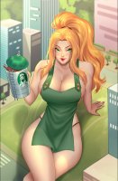 breasts drawing giantess mega blonde color large_breasts long_hair cleavage green_eyes ponytail sitting cosplay coffee apron legs_crossed water_tower mtolympuscomics larissa starbuck