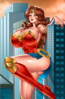 breasts drawing giantess mega color long_hair armor cleavage huge_breasts brunette brown_eyes boots cosplay thighs leaning_against_building red_nails wonder_woman bracelet tiara lasso valkyrie dc_comics bare_legs mtolympuscomics