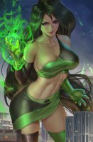 breasts drawing giantess city mega black_hair color large_breasts long_hair cleavage skirt buildings purple_eyes gloves boots kim_possible shego fire cosplay disney top white_skin iris bare_legs bare_midriff mtolympuscomics