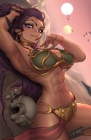bikini breasts drawing giantess mega color long_hair cleavage purple_hair desert purple_eyes slave lying_down sun muscles star_wars abs cosplay earrings looking_at_tiny loincloth iris bare_legs princess_leia tatooine bare_midriff mtolympuscomics metal_bikini