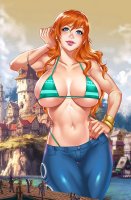 breasts drawing giantess mega color large_breasts long_hair blue_eyes nami one_piece cleavage bra water buildings village pants cosplay leaning_against_building looking_at_viewer crowds bracelet pier hands_on_hips orange_hair harbor bare_midriff mtolympuscomics terra
