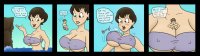 bikini breasts drawing giantess comic color swimsuit cleavage water ocean green_eyes brunette unknown_artist jumping dialogue cliff source_needed looking_at_tiny between_breasts