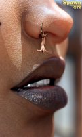 giantess nude lips bondage shrunken_man trapped dangle spawngts nose_ring digital_render human_jewelry